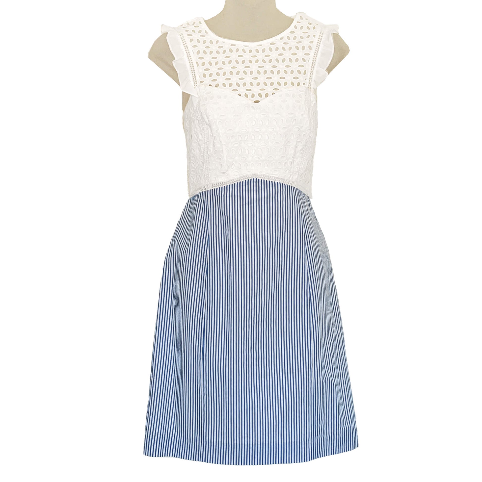 New-Lilly-Pulitzer-White-Eyelet Bodice-with-Blue-Striped-Skirt.-Front-side-Size-4.-Regular-retail-price-$228