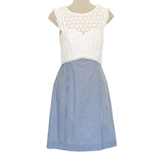 New-Lilly-Pulitzer-White-Eyelet Bodice-with-Blue-Striped-Skirt.-Front-side-Size-4.-Regular-retail-price-$228