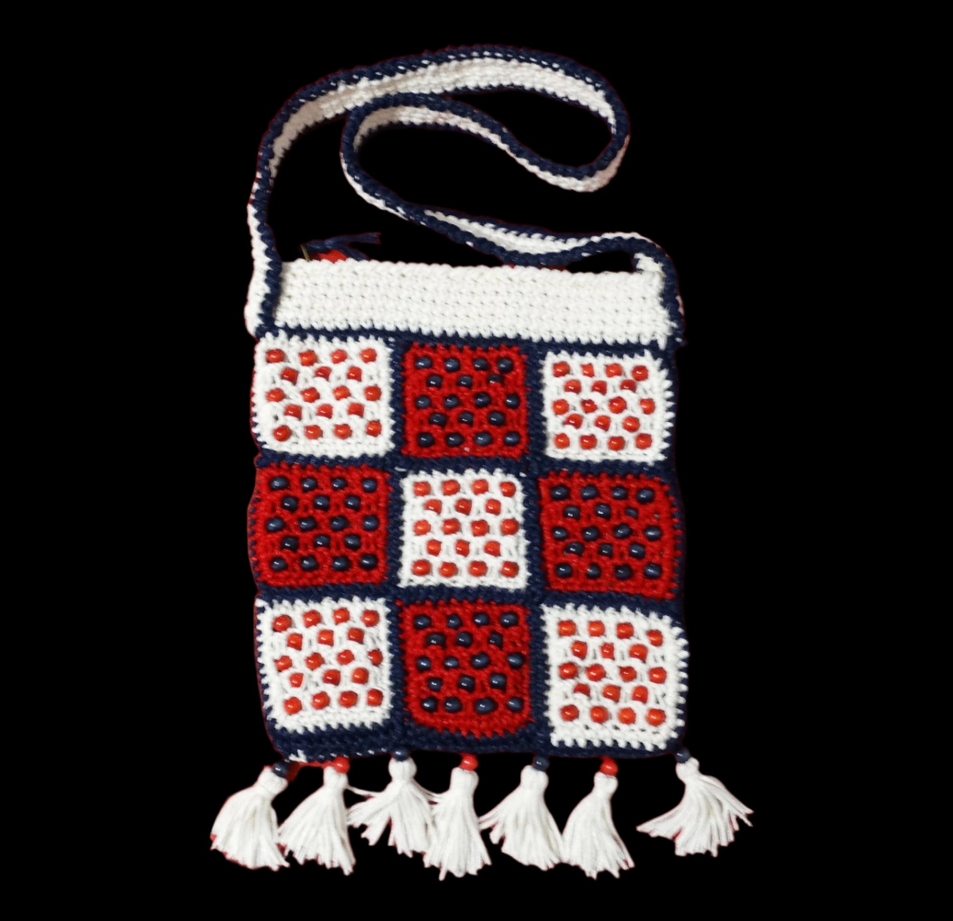Walborg-Red,-White-Navy-Blue-Beaded-Macrame-Shoulder-Bag-Laying-Flat-Close-up-view.