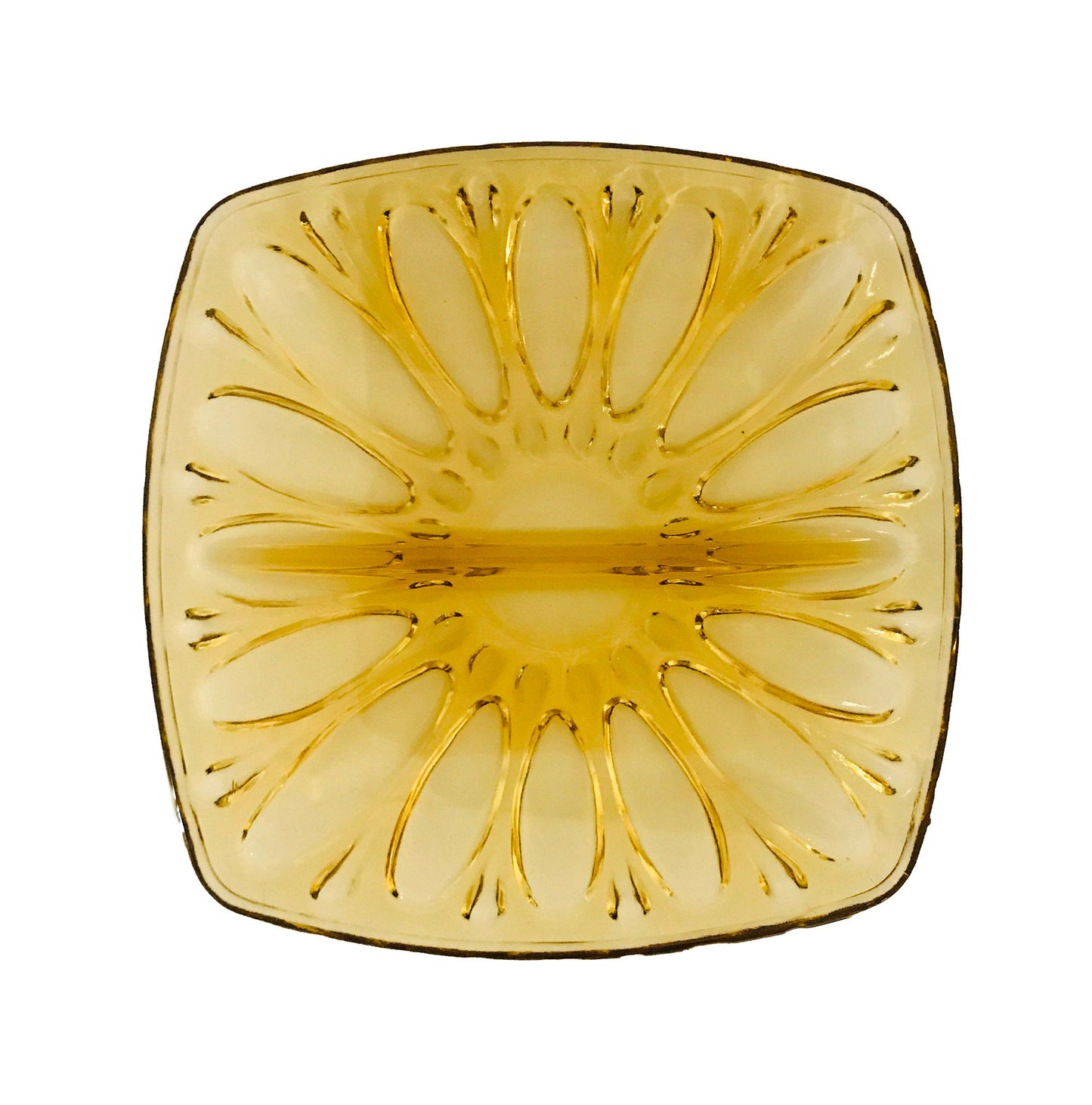 Vintage Amber Pressed Glass Sectioned Serving Bowl, Serving Dish, Candy Dish, Serving Plate - PawPurrPrints.com