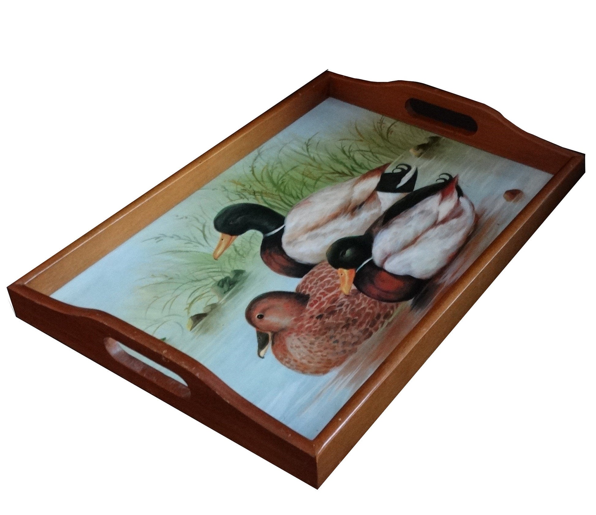 Vintage Rectangular Hand-Painted Wooden Duck Serving Tray Platter with handles. Fisherman, Hunter, Cabin Decor Duck Tray, Ducks, Geese