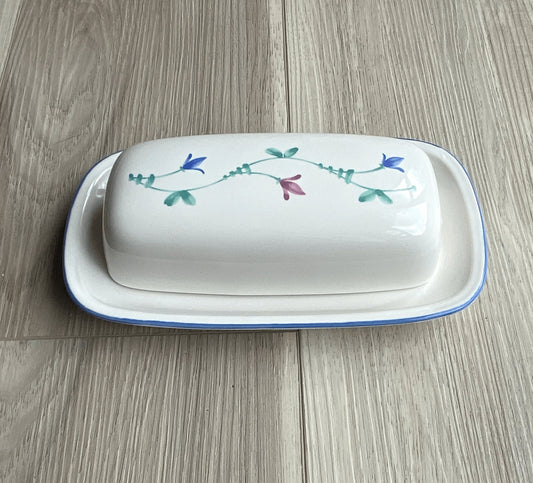 Savoir Vivre Portofino Blue China Covered Butter Dish, Floral, Discontinued