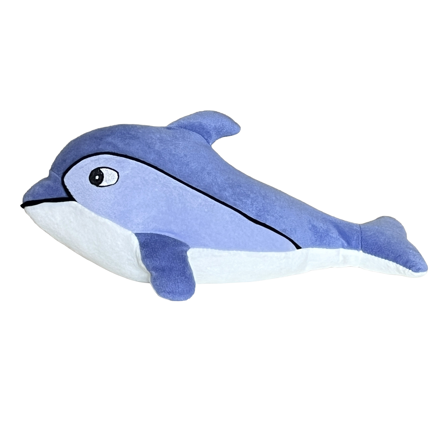 Blueish-purple and white plush-stuffed-Dolphin pillow and cuddle toy.
