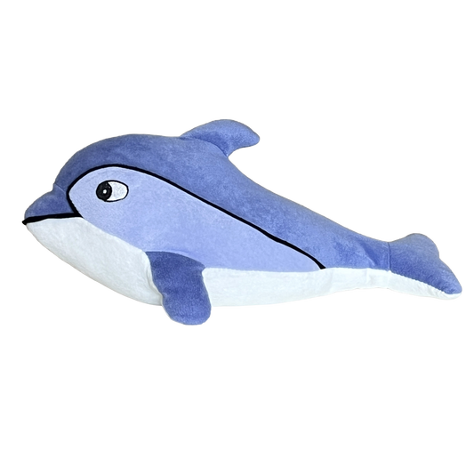 Blueish-purple and white plush-stuffed-Dolphin pillow and cuddle toy.