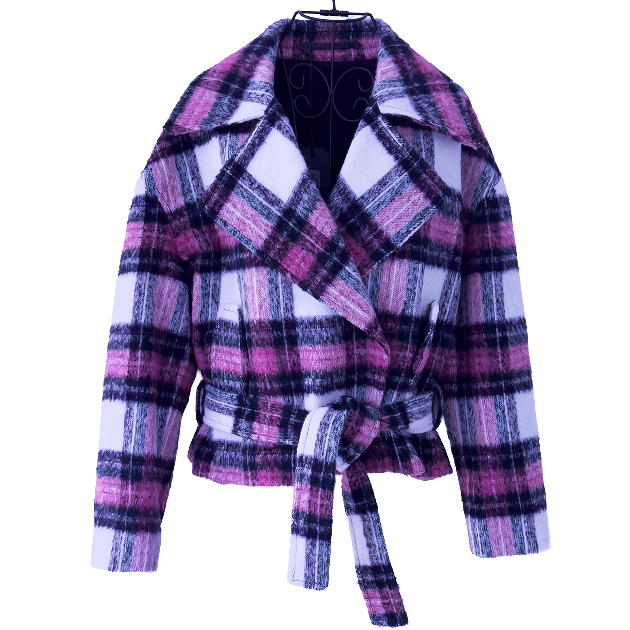 Plaid jacket with navy and pink pattern on a white background