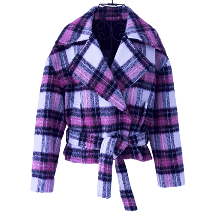 Plaid jacket with navy and pink pattern on a white background