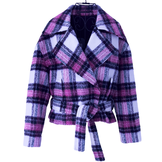 Plaid jacket with navy and pink pattern on a white background