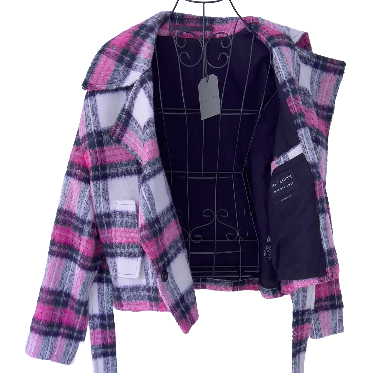 Plaid jacket with pink and navy blue, pattern on a white background, showing that tag and interior of the jacket