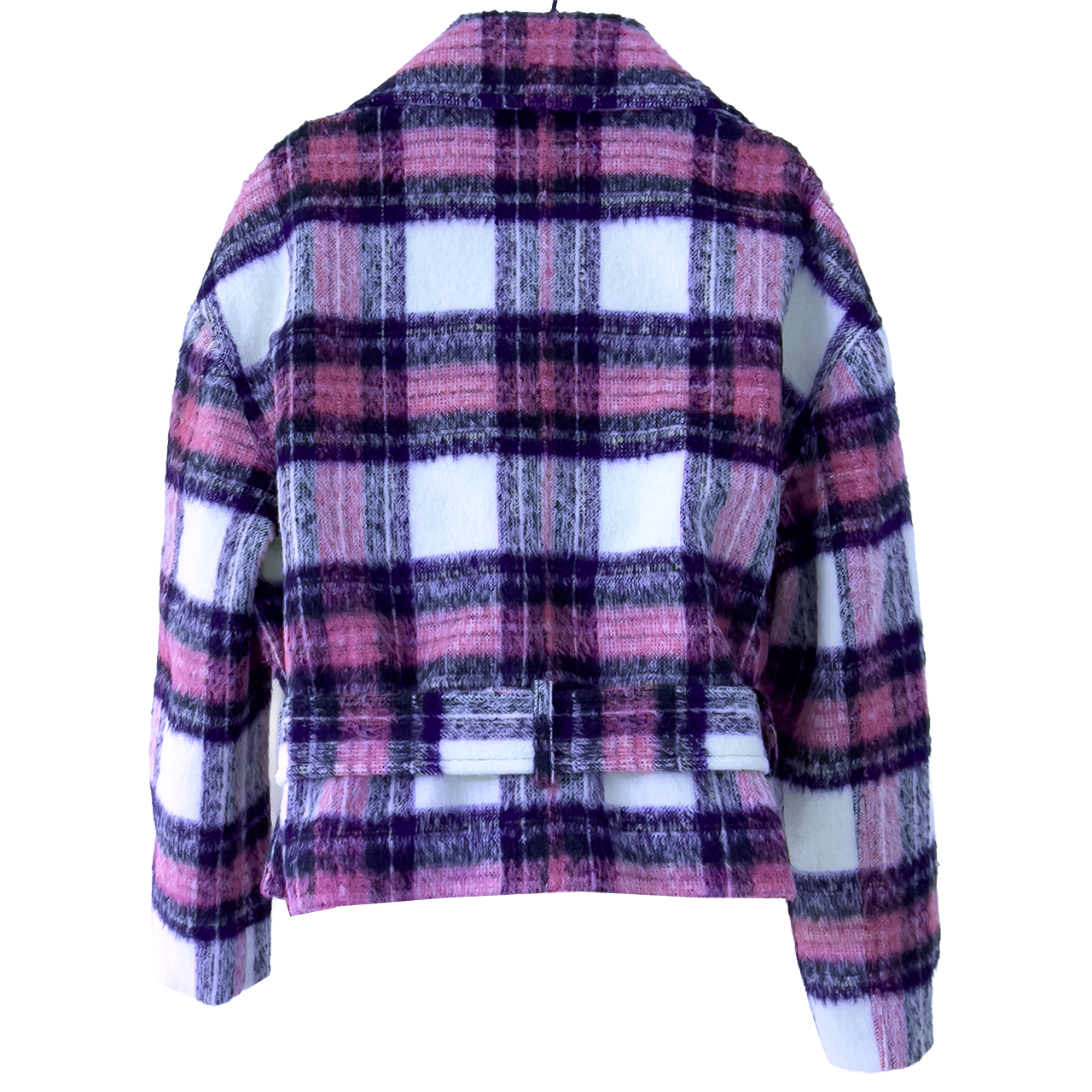 ALLSAINTS Plaid jacket with pink, navy, and white pattern on a white background
