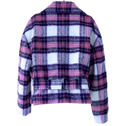 ALLSAINTS Plaid jacket with pink, navy, and white pattern on a white background