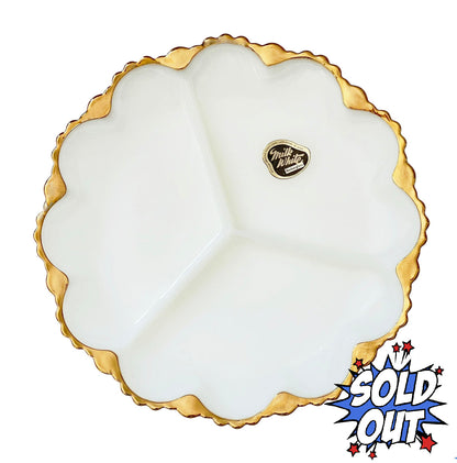 NWT 1960's Anchor Hocking Milk Glass Sectioned Serving Plate 10-in. Gold Trim