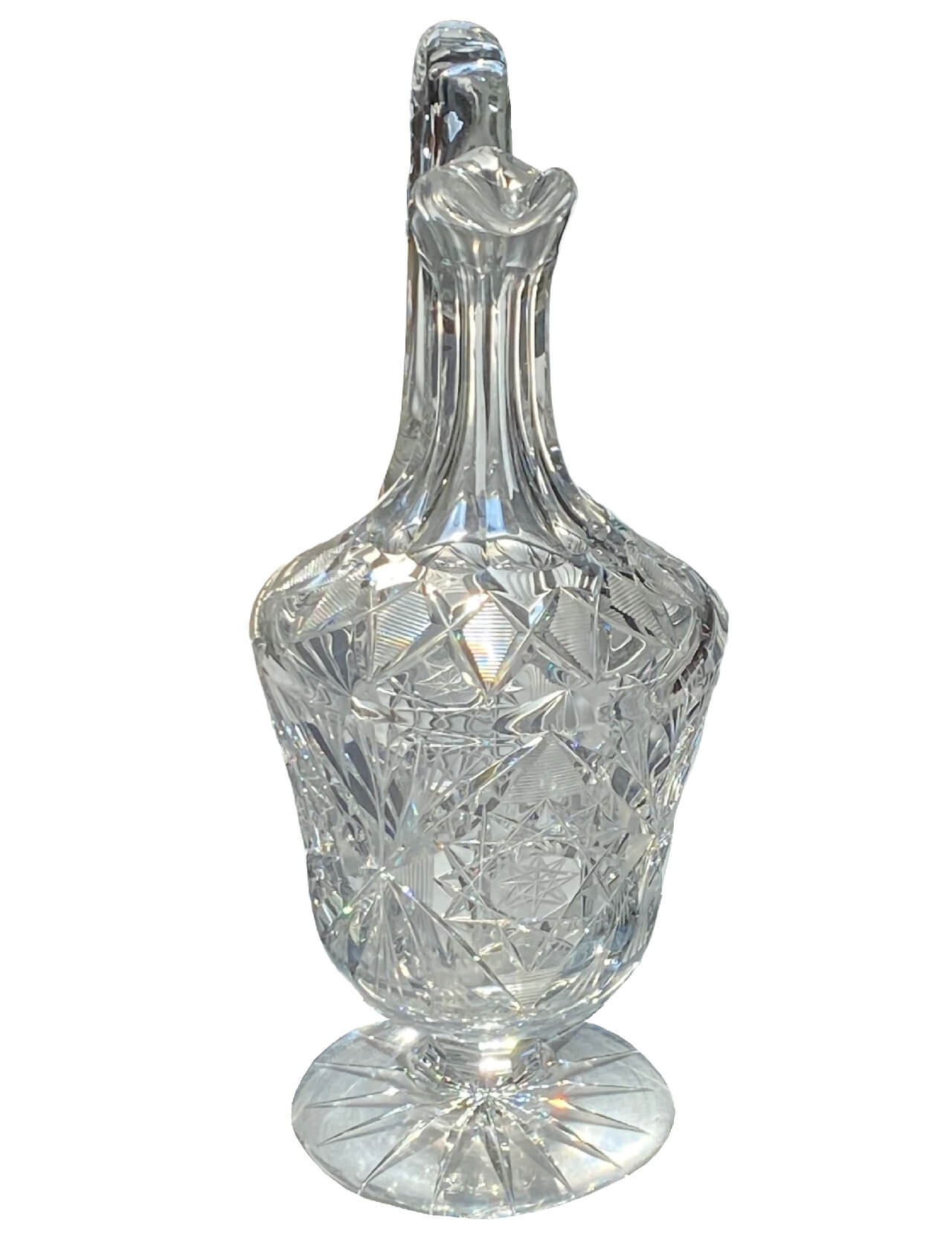 Antique-American-brilliant-lead-crystal-hobstar and "X" decorated-pitcher. Spout-view.