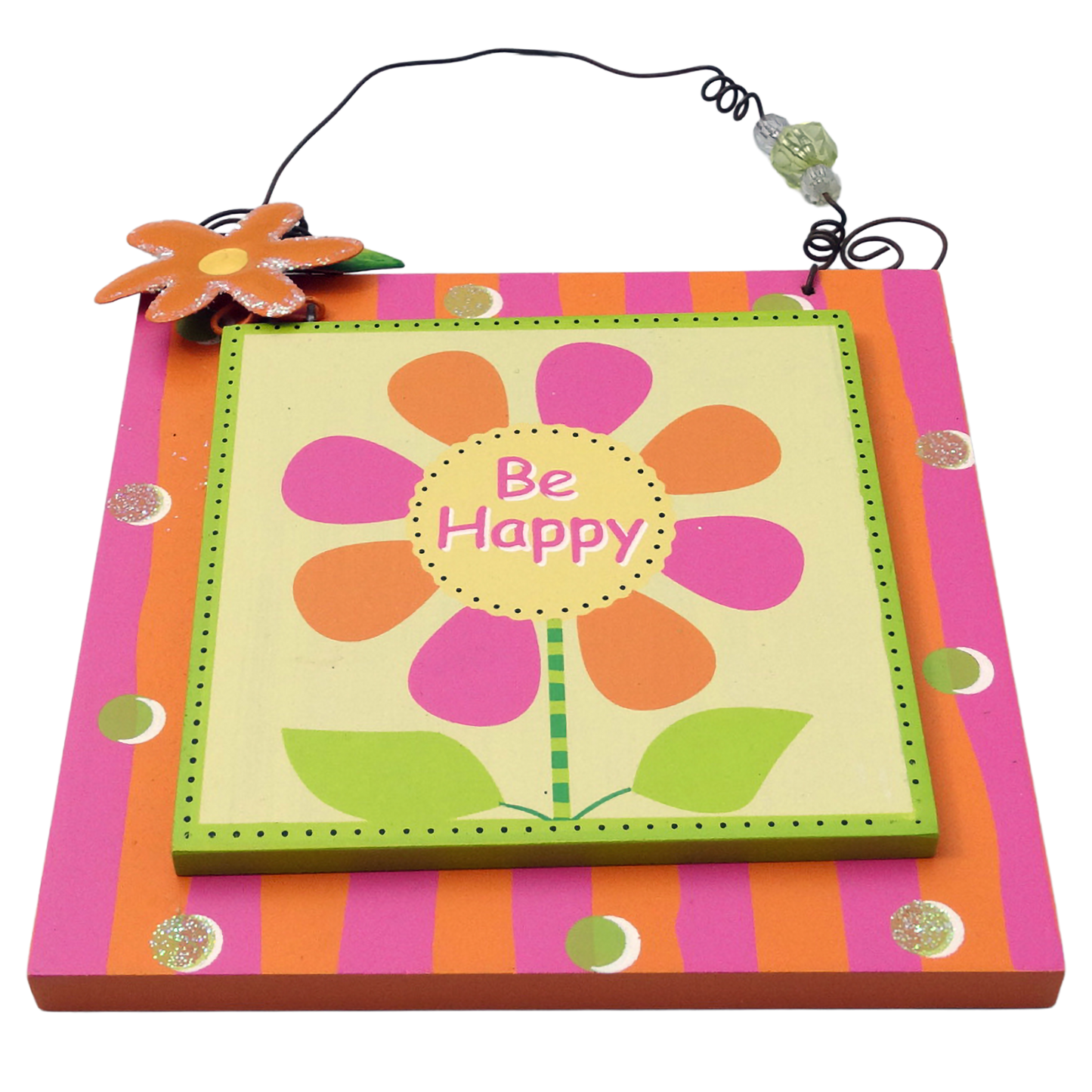Decorative wall hanging with a colorful flower design and 'Be Happy' text on a striped background.