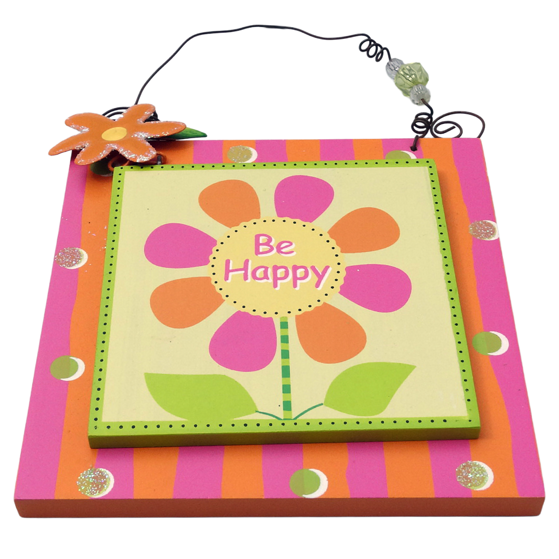 Decorative wall hanging with a colorful flower design and 'Be Happy' text on a striped background.