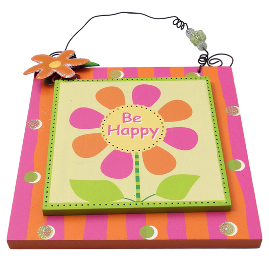Decorative wall hanging with a colorful flower design and 'Be Happy' text on a striped background.