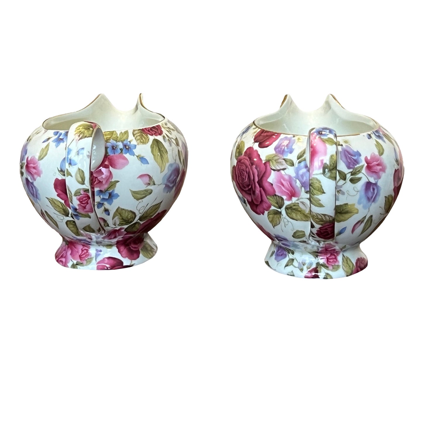 Handle-view-of-Formalities-Summer Rose Chintz floral coffee creamers