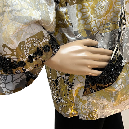 Berek-2-Vintage-Silver-and-Gold-Beaded-Metallic-Jacket.-Side-view, close-up-shows-beading.