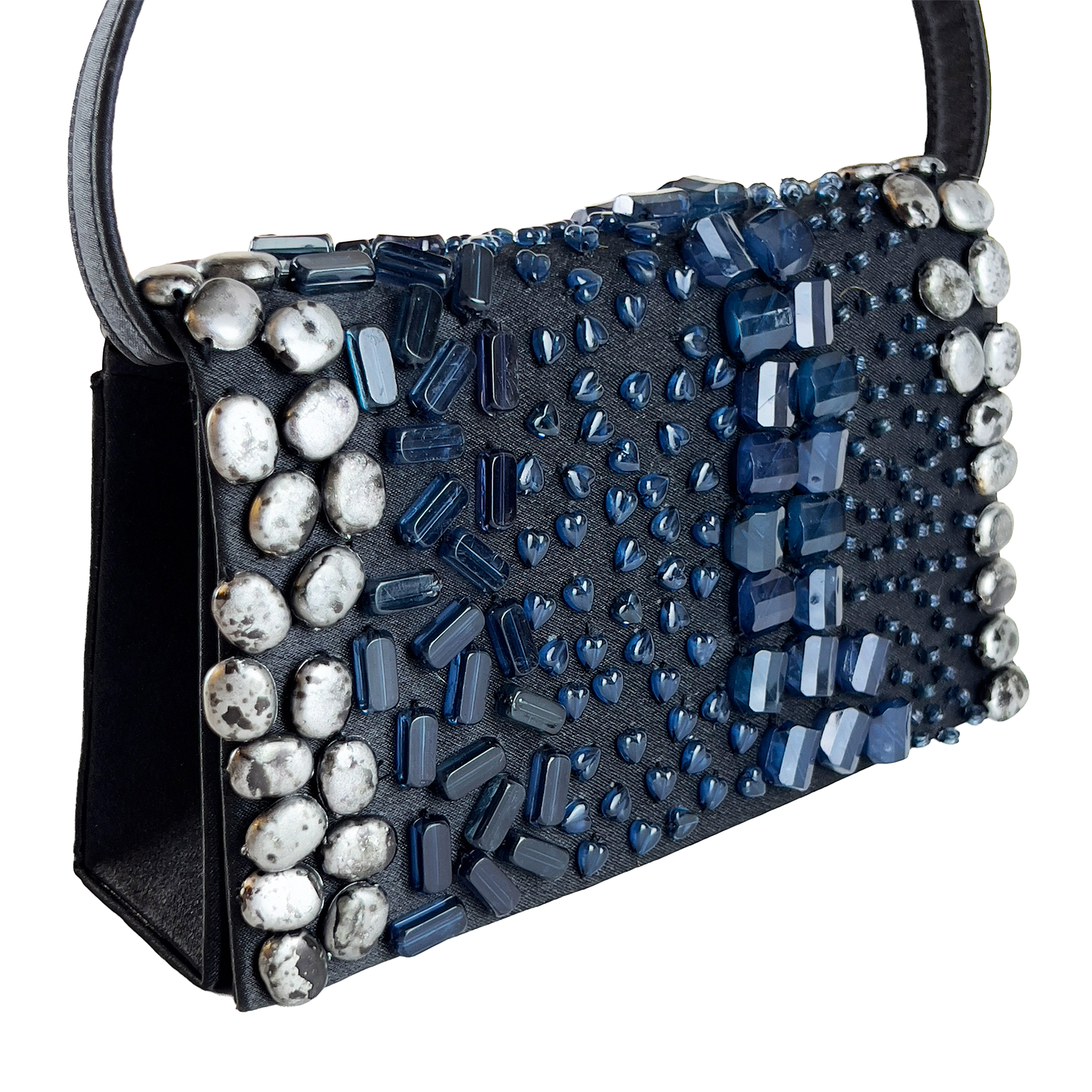 Black handbag with blue and silver bead embellishments on a white background