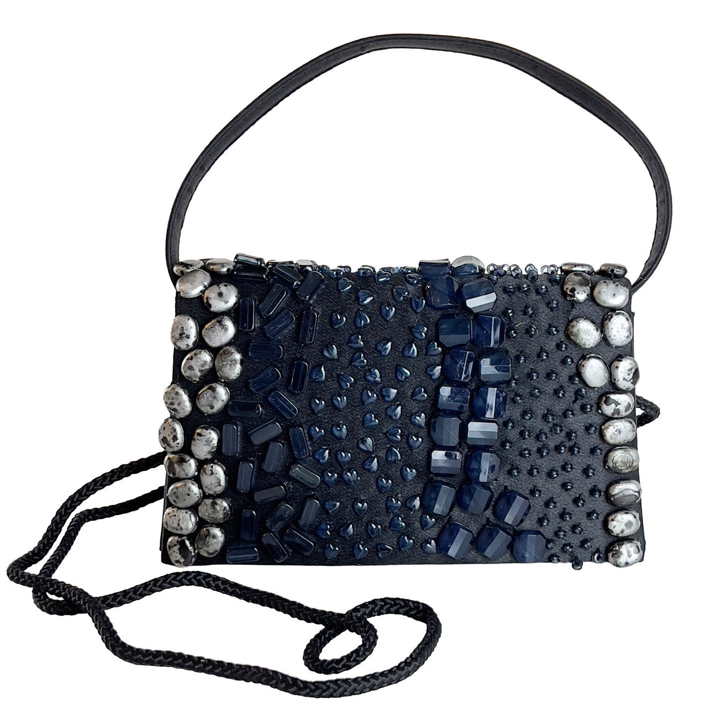 Black handbag and/or shoulder bag with blue and silver bead embellishments on a white background