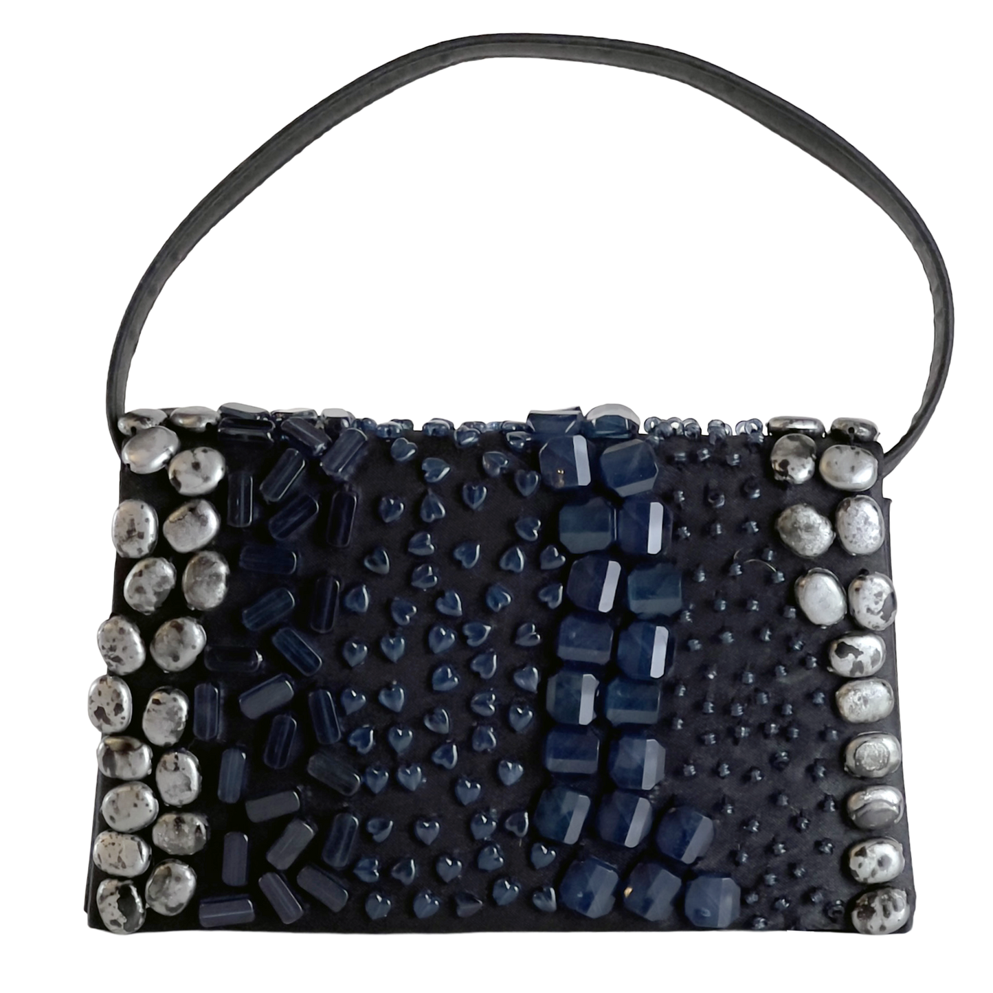 Black handbag with blue and silver bead embellishments on a white background