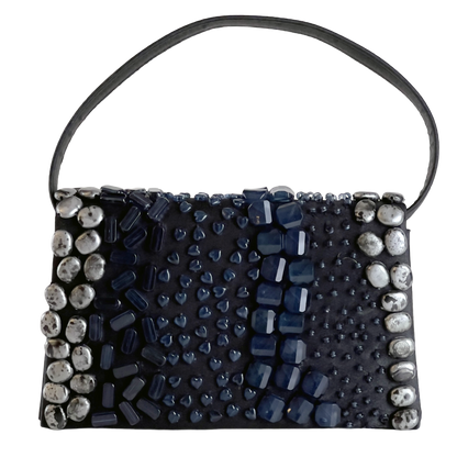 Black handbag with blue and silver bead embellishments on a white background