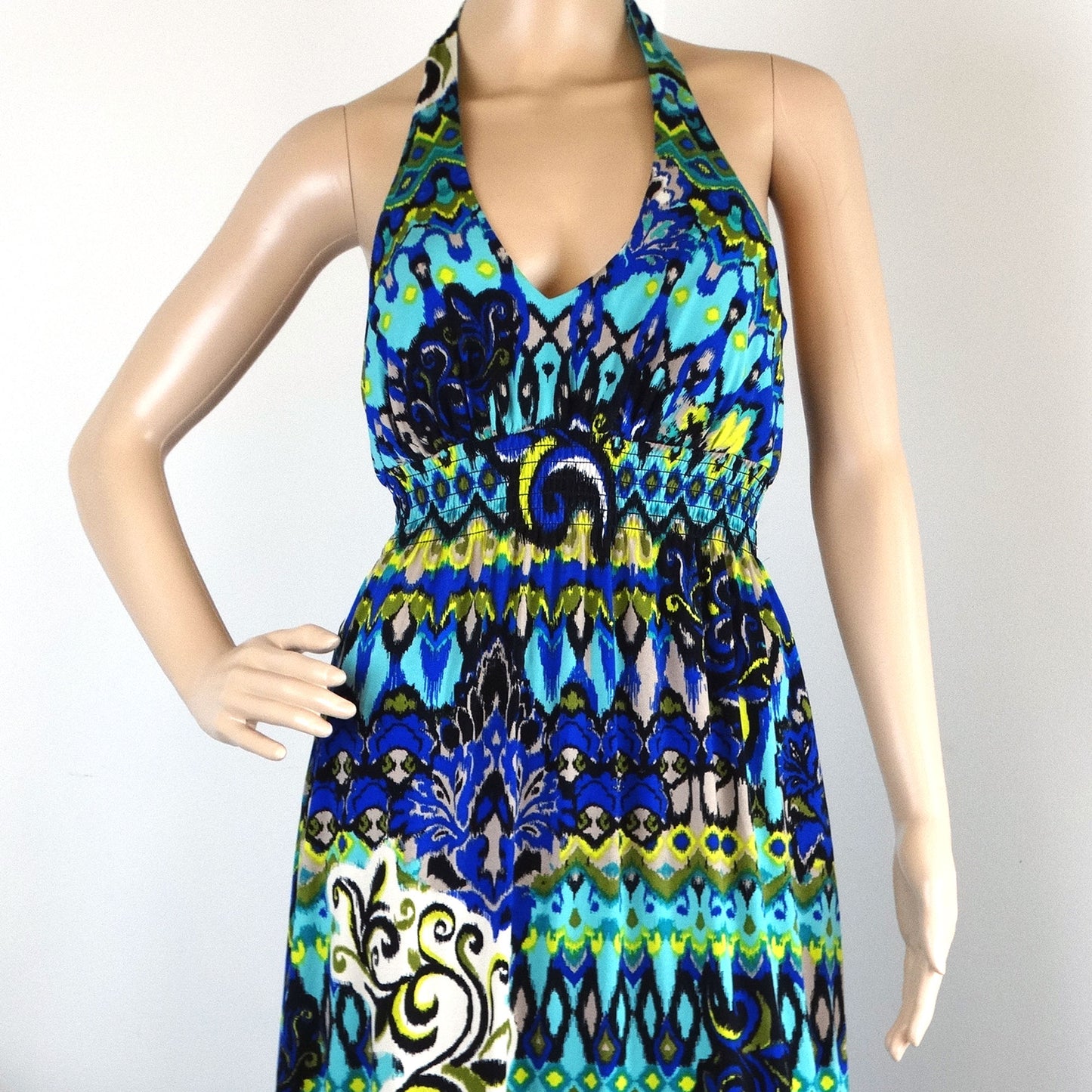 Bisou-Bisou-Blue-and-Black-Halter-Dress.-Close-up-view.-Shop-eBargainsAndDeals.com