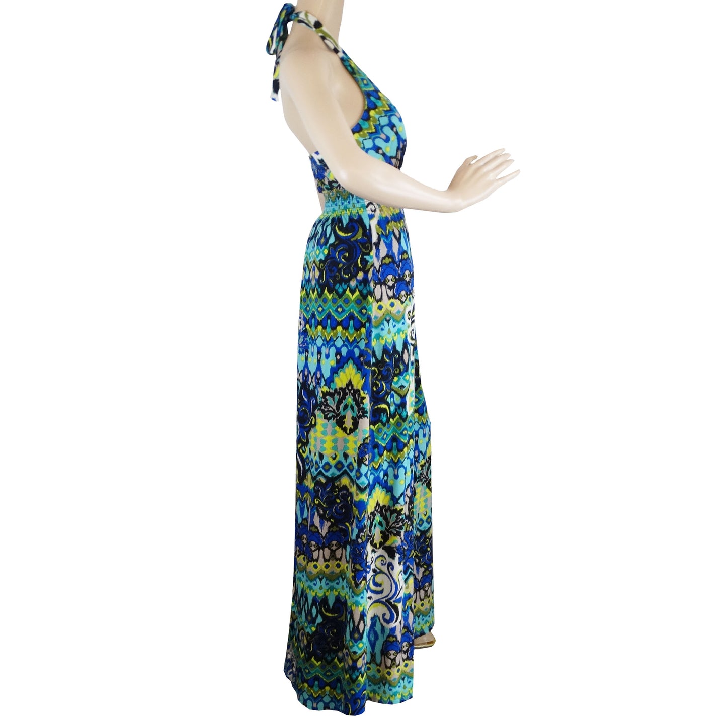 Bisou-Bisou-Blue-and-Black-Halter-Dress.-Side-view-2.-Shop-eBargainsAndDeals.com