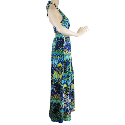 Bisou-Bisou-Blue-and-Black-Halter-Dress.-Side-view-2.-Shop-eBargainsAndDeals.com