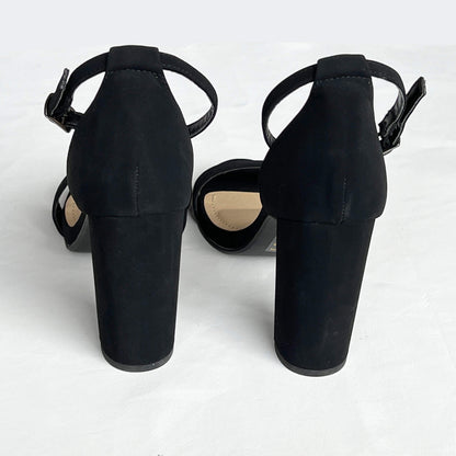 Black-Suede-Ankle-Strap-High-Heel-Sandals-by-Y-Not.-Back-view.-