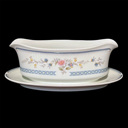 Brookwood by Stratford M1012 fine porcelain gravy boat with attached underplate blue and pink floral design