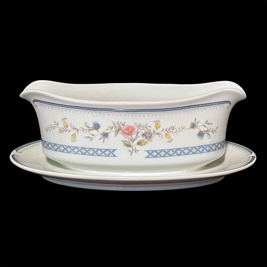 Brookwood by Stratford M1012 fine porcelain gravy boat with attached underplate blue and pink floral design