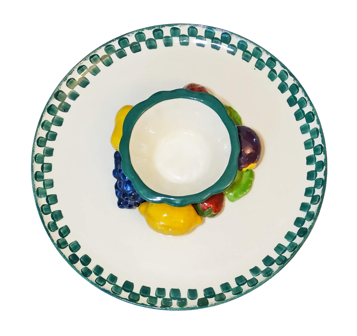 Decorative ceramic plate with colorful fruit design on a white background