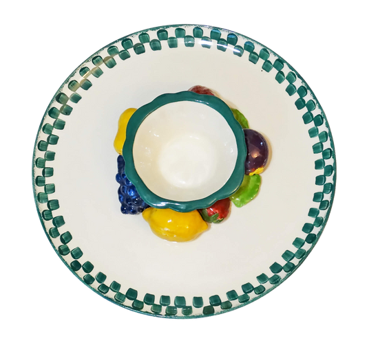 Decorative ceramic plate with colorful fruit design on a white background