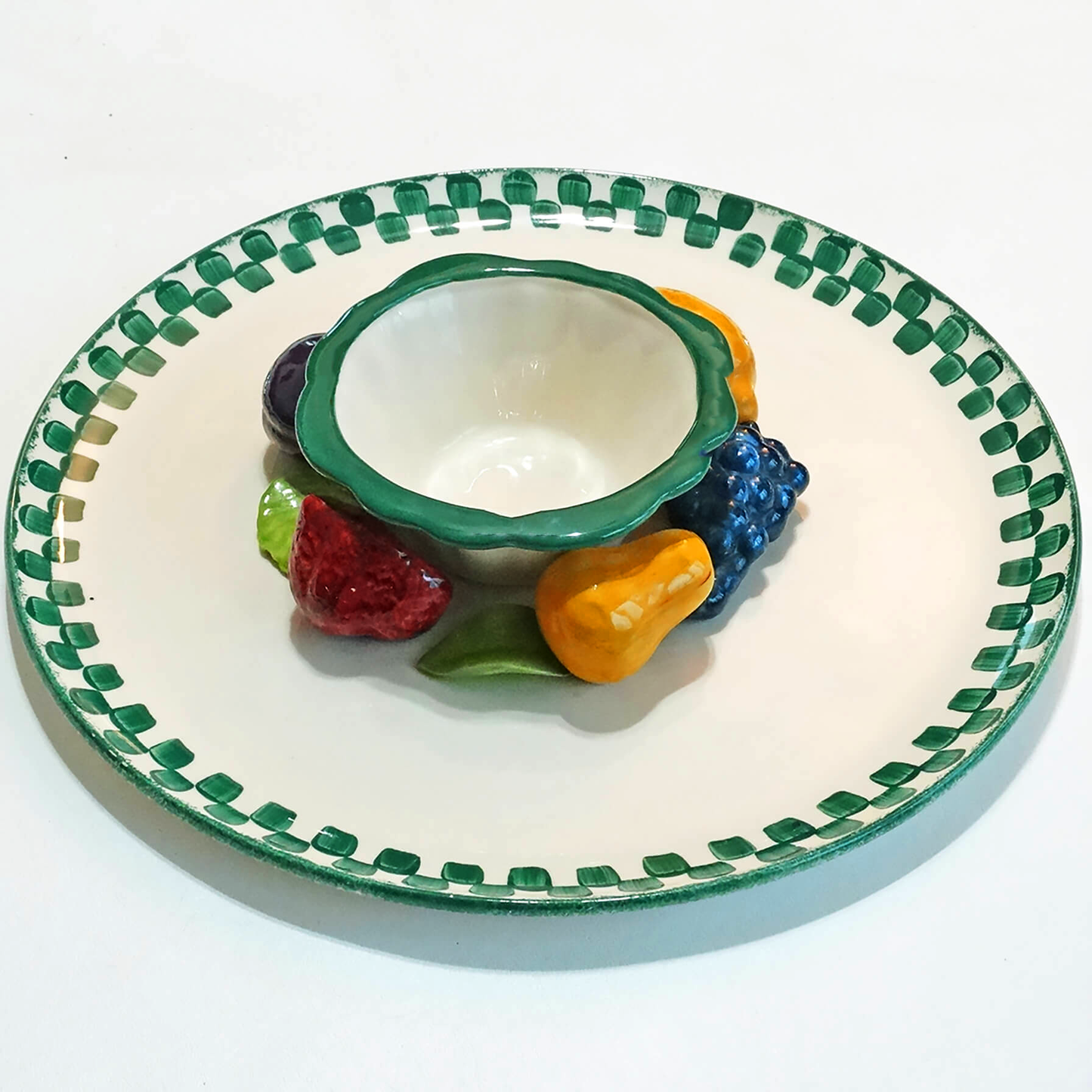 1970s Cali Ceramic Salsa Serving Platter with Bowl - 14-in - 3 Dimensional Fruit