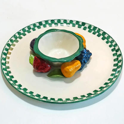 1970s Cali Ceramic Salsa Serving Platter with Bowl - 14-in - 3 Dimensional Fruit