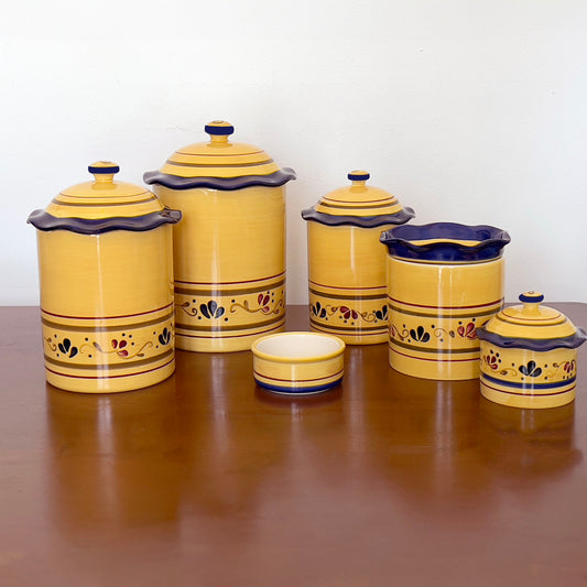 Celebrate-Home-Stoneware-Canister-Set.-Gold-Floral.-Shown-with-lidss-on.-