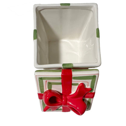 Ceramic-Gift-Box-with-Ribbon._Green-Red-Striped.-Shown-with-top-off.