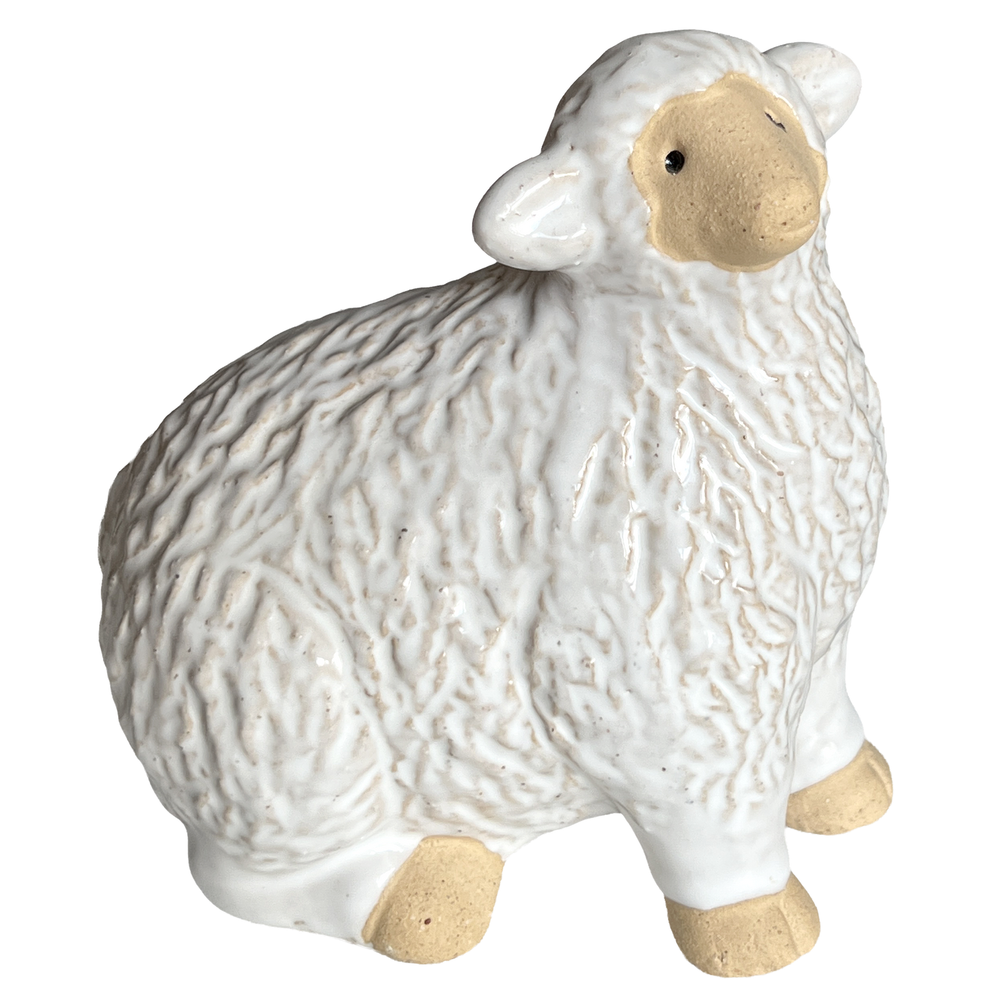 White ceramic sheep figurine on a white background.  Use for holiday decorations or farmhouse/country decor