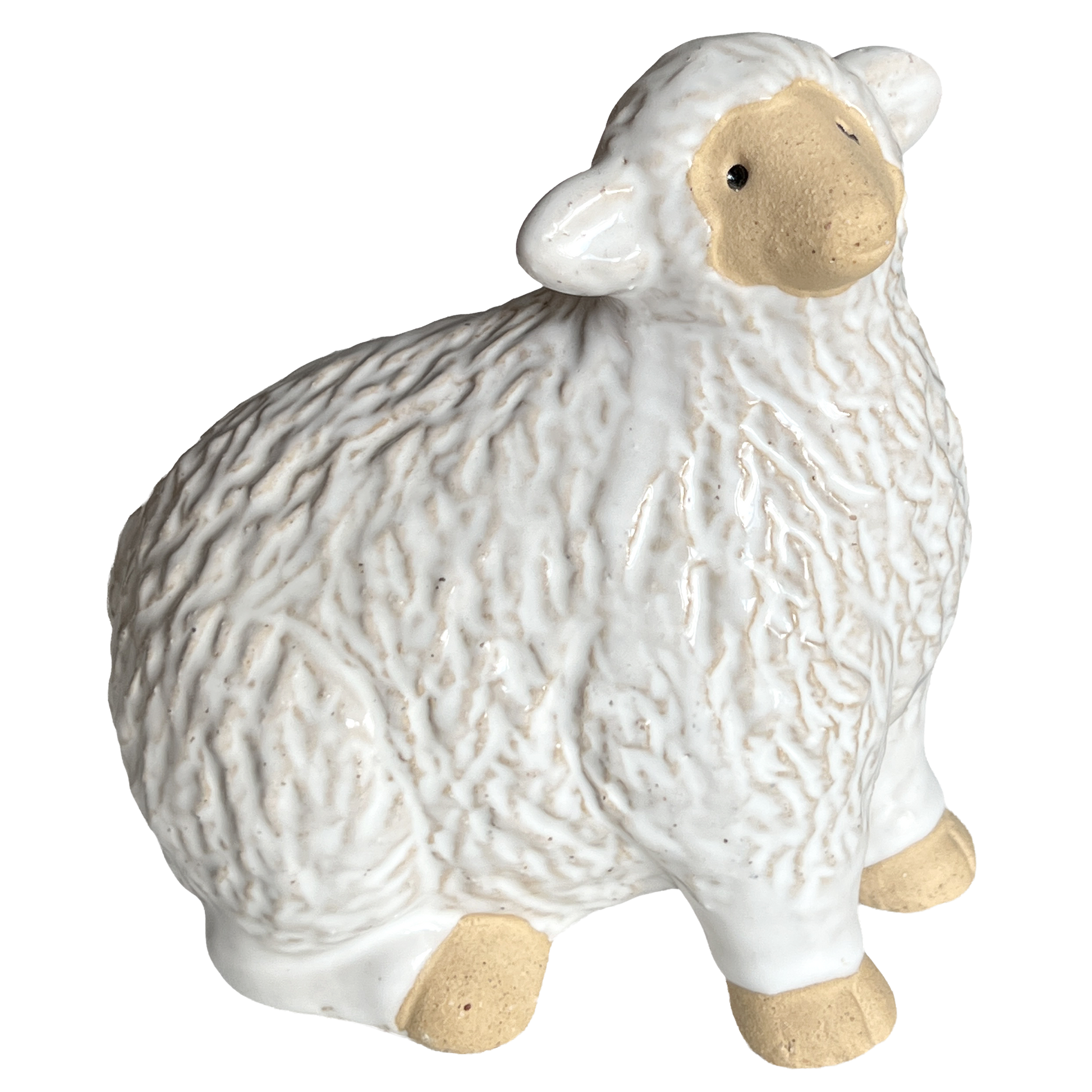 White ceramic sheep figurine on a white background.  Use for holiday decorations or farmhouse/country decor