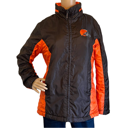 Cleveland-Browns-NFL-for-Her-Brown-and-Orange-Jacket-by-G-III-Apparel.-Front-view.