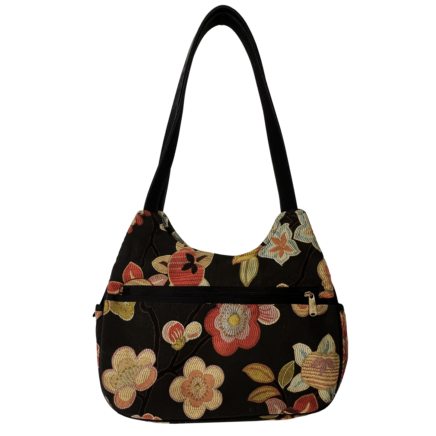 Floral-patterned handbag on a white background