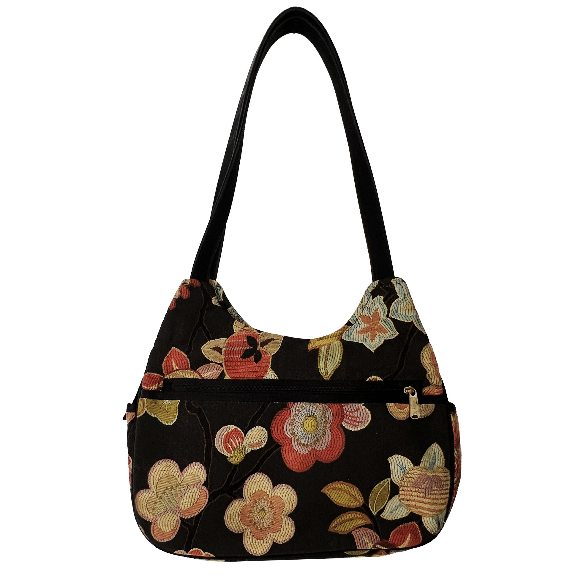 Floral-patterned handbag on a white background