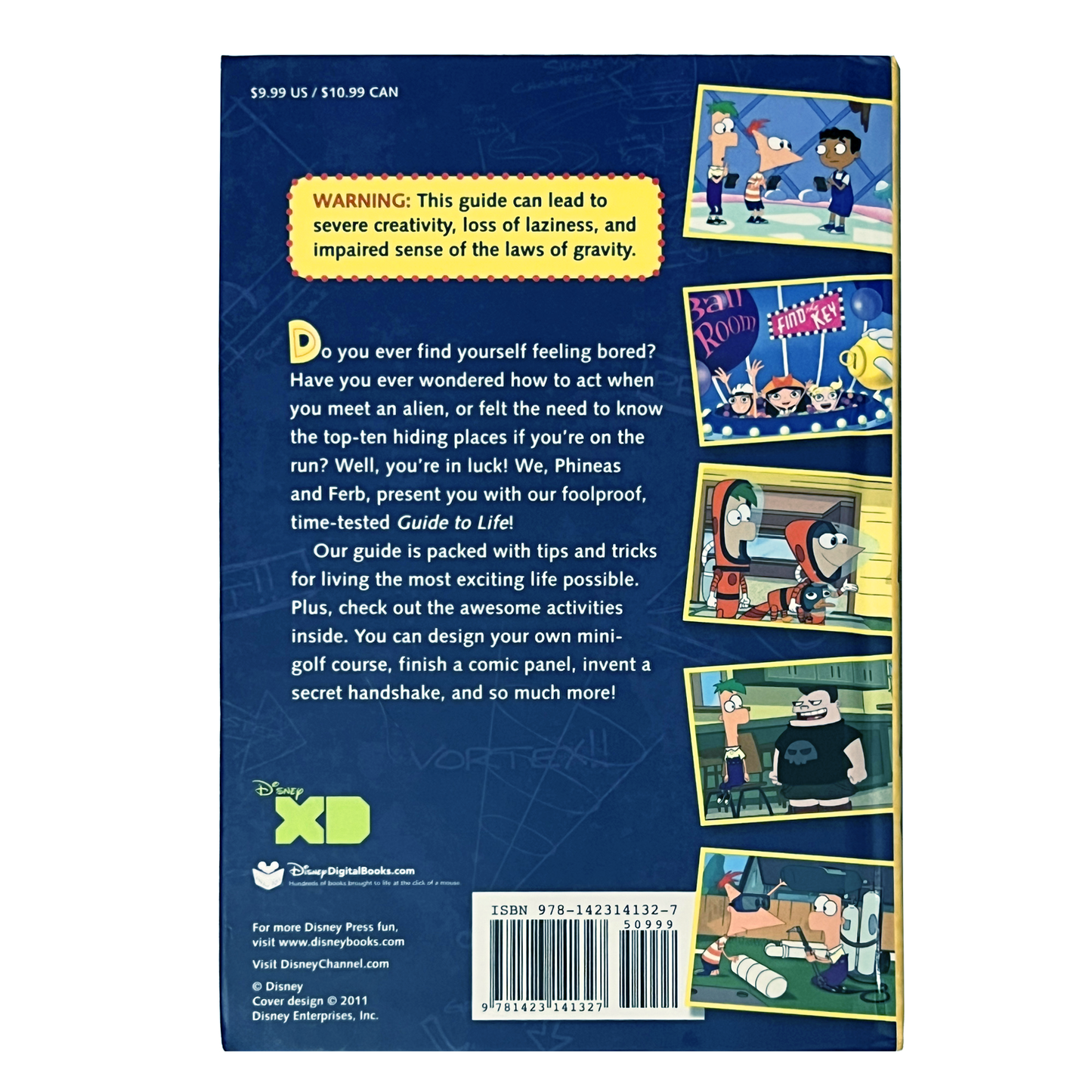 Back cover of a book with cartoon characters and text on a blue background
