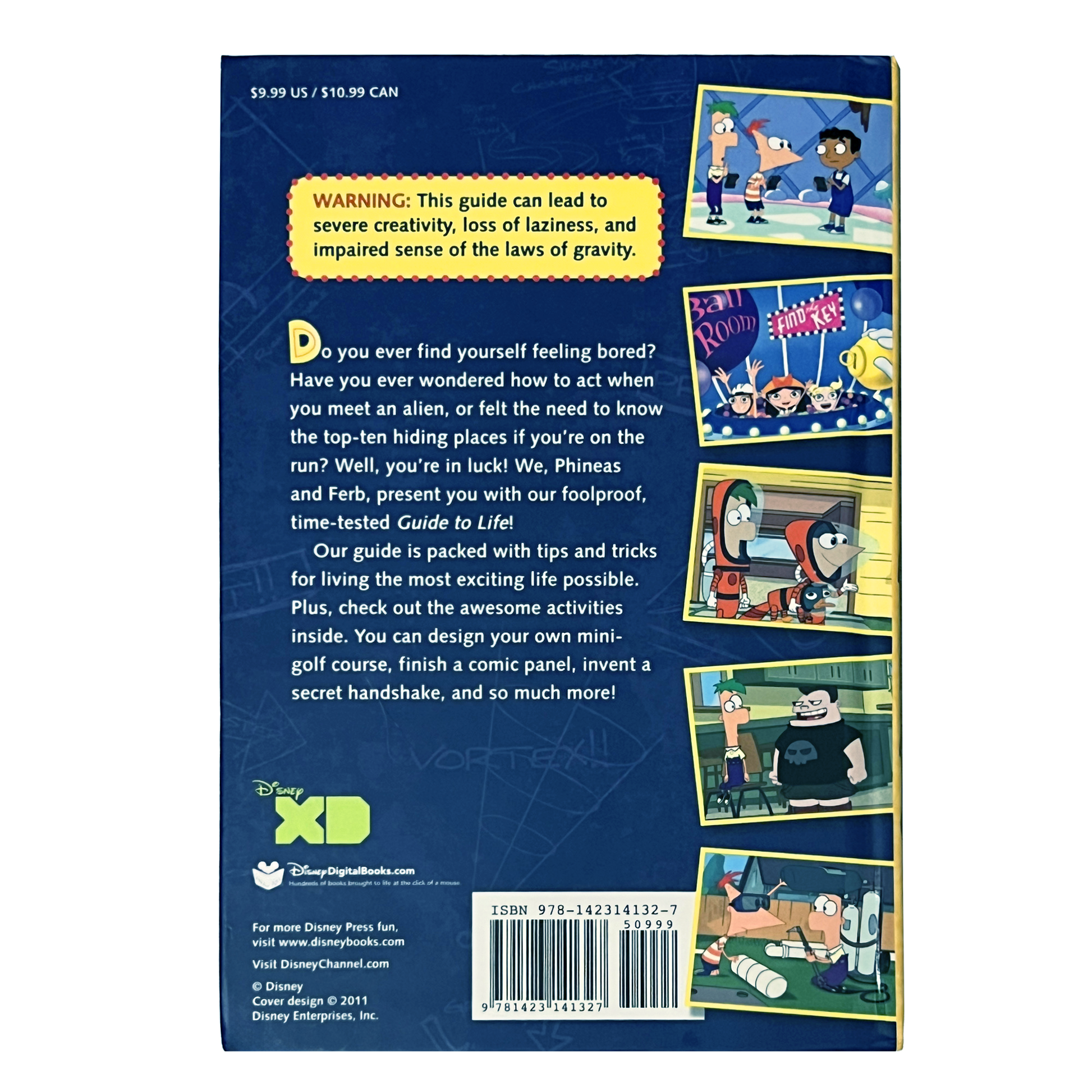 Back cover of a book with cartoon characters and text on a blue background
