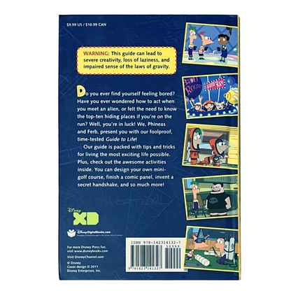 Back cover of a book with cartoon characters and text on a blue background