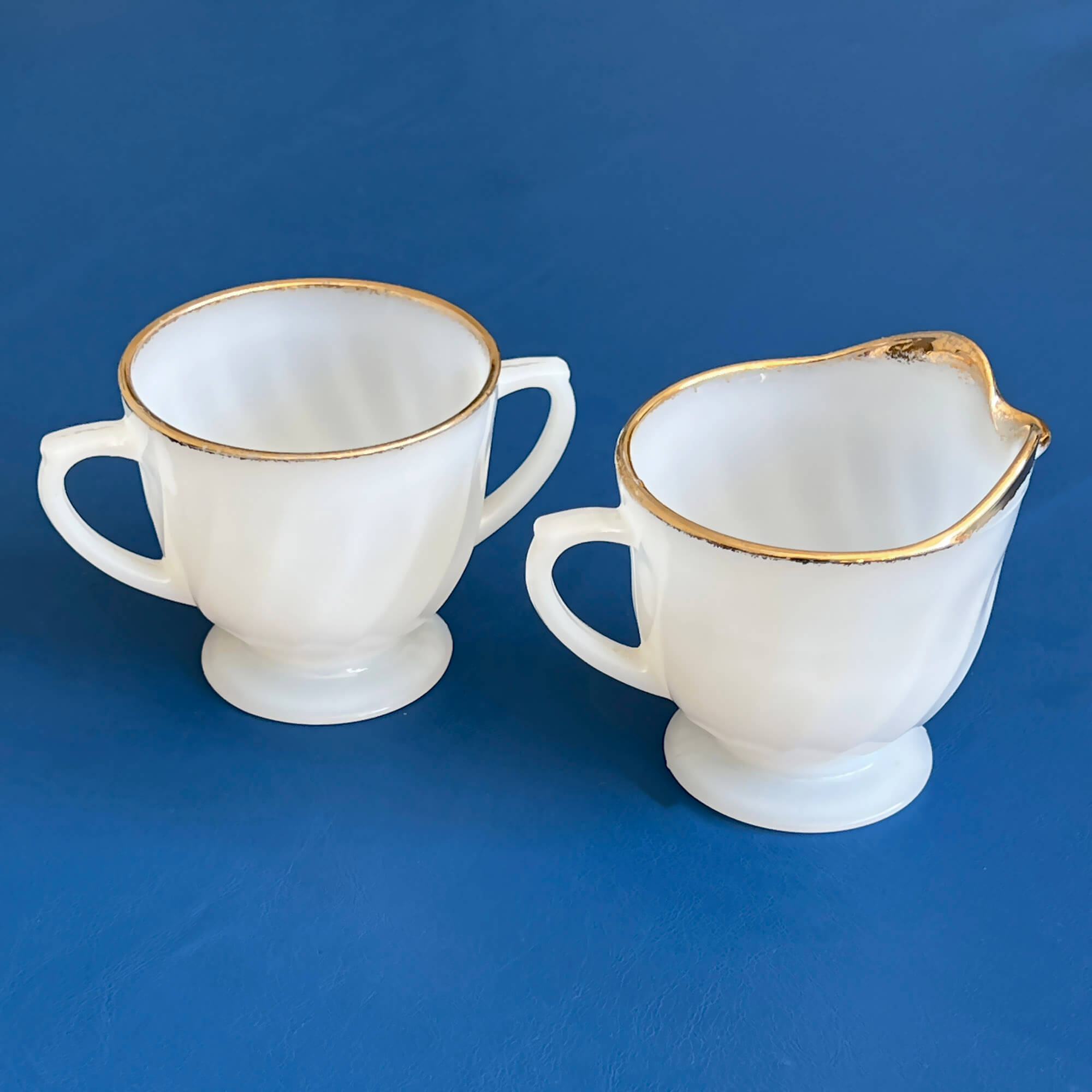 Fire King Oven Ware Milk Glass Creamer & Sugar Bowl Set, 22 Karat