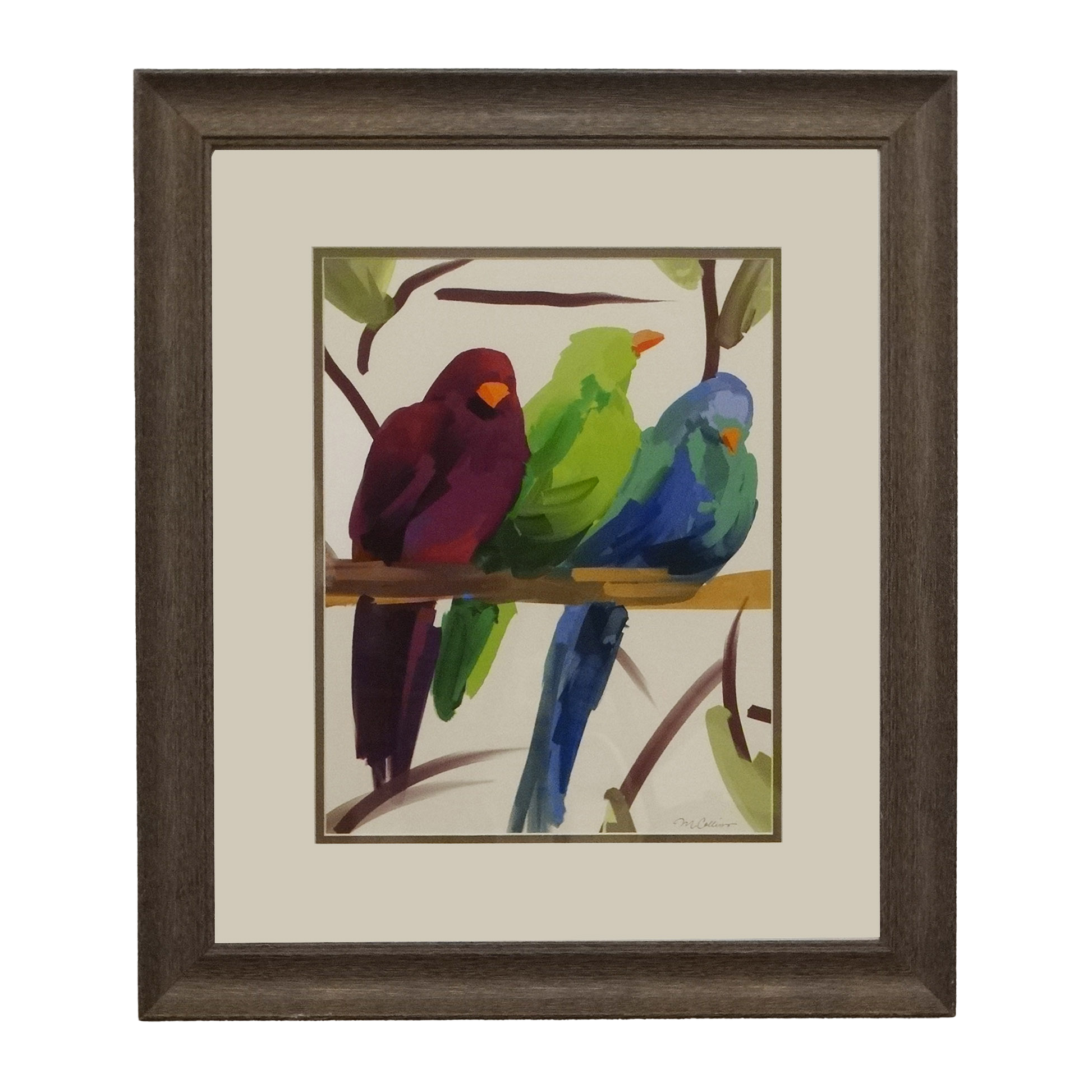 Framed artwork of three colorful birds on a branch