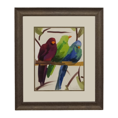 Framed artwork of three colorful birds on a branch