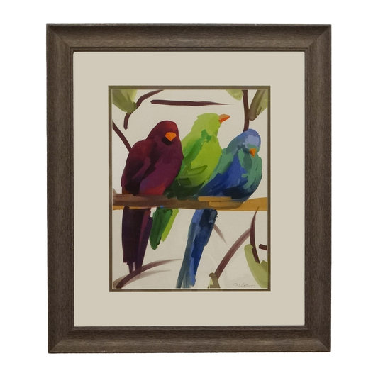 Framed artwork of three colorful birds on a branch
