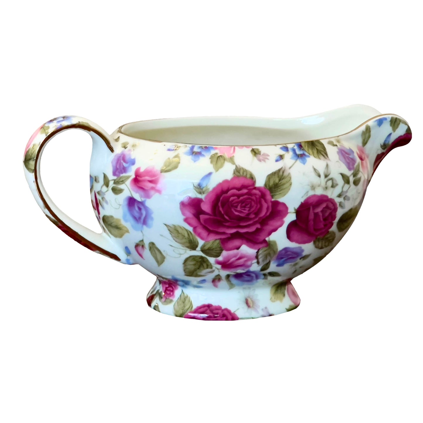 Formalities-Summer-Rose-Chintz-Gravy-Boat.-Side-view.